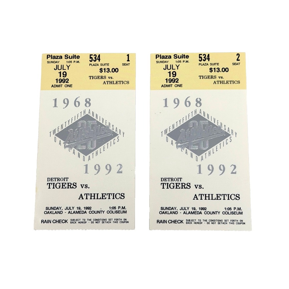1992 Oakland A's Tigers Ticket Pair Lansford 3 Doubles Record Stole Home McGwire